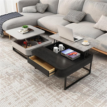 Square Modern Lift-top Nesting Multifunctional Coffee Table With Hidden Large Storage and Drawer Set of 2 Black